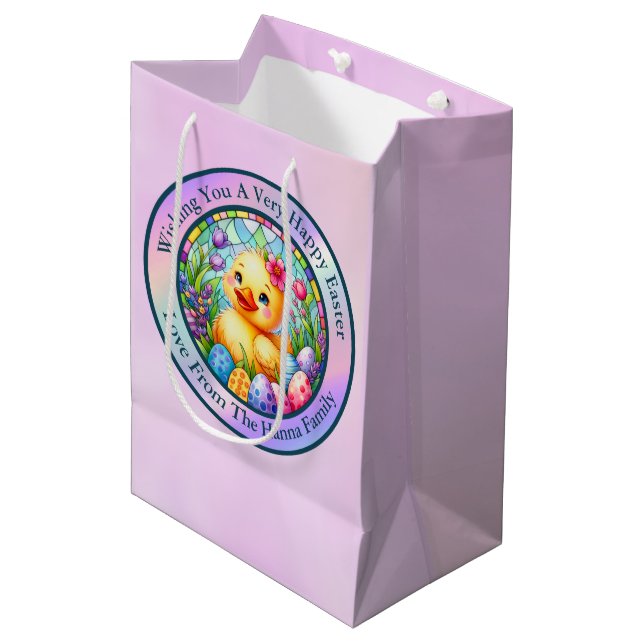 Niedliches Osterküken, Blume und bunte Eier Mittlere Geschenktüte (Vorderseite Schrägansicht)