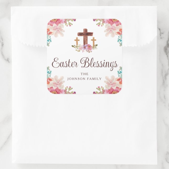 Niedliches Ostersegen Blumenkreuz Quadratischer Aufkleber (Tasche)