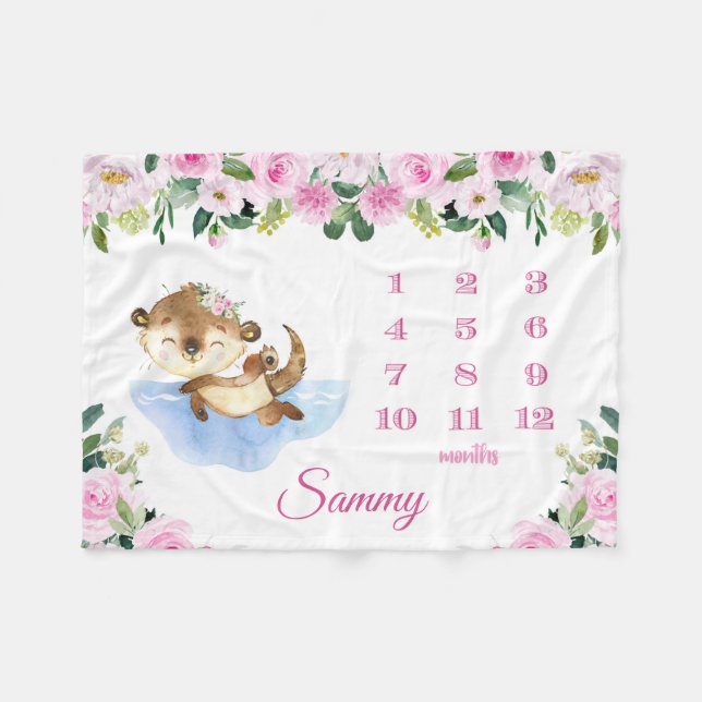 Niedliches Otter Baby Girl Monthly Meilenstein Wac Fleecedecke (Vorderseite (Horizontal))