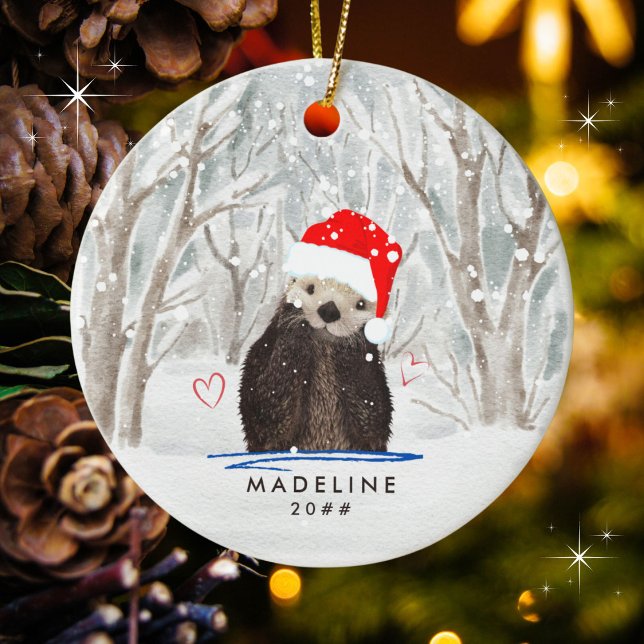 Niedliches Otter mit dem Namen des Weihnachtsmannm Keramik Ornament (Personalize with a name and year. Goes well on multiple other ornaments and products.)