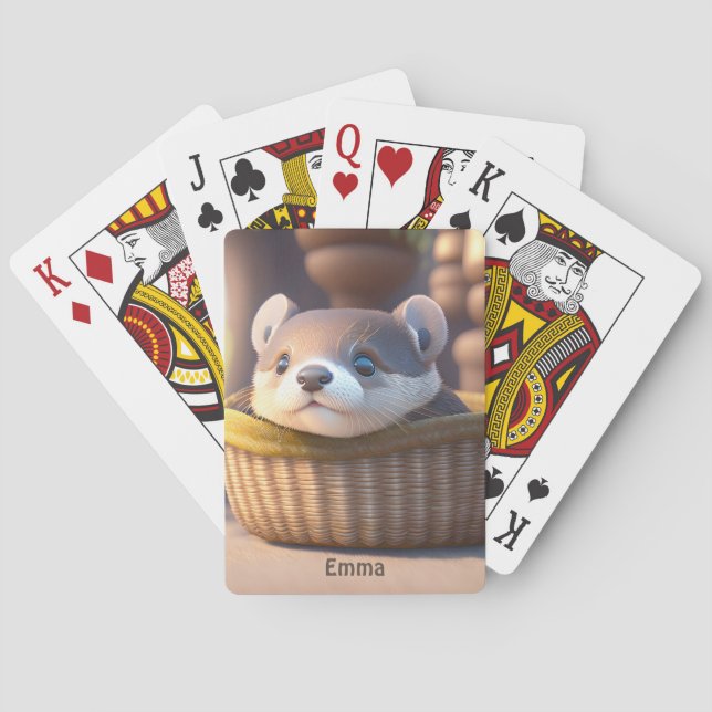 Niedliches Otterbaby in einem Korb - personalisier Spielkarten (Rückseite)