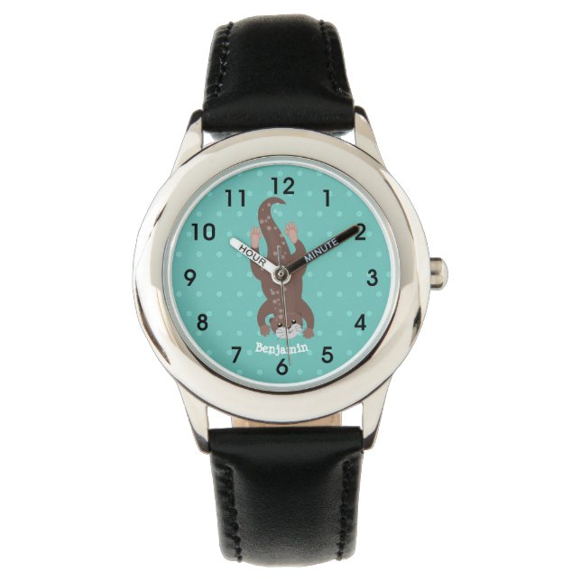 Niedliches Ottertauchen auf aquamariner Cartoon-Ab Armbanduhr (Vorderseite)