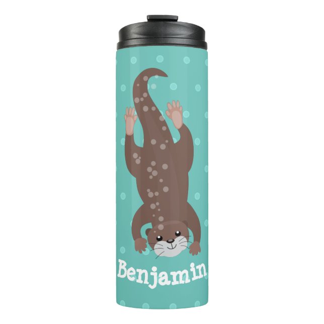 Niedliches Ottertauchen auf aquamariner Cartoon-Ab Thermosbecher (Vorderseite)