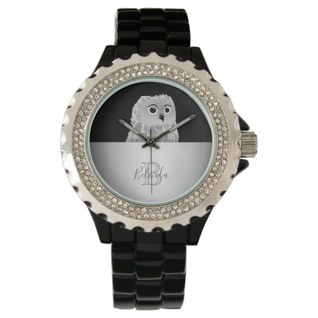 Niedliches Owl Animal Monogram White Silver Black Armbanduhr (Vorderseite)