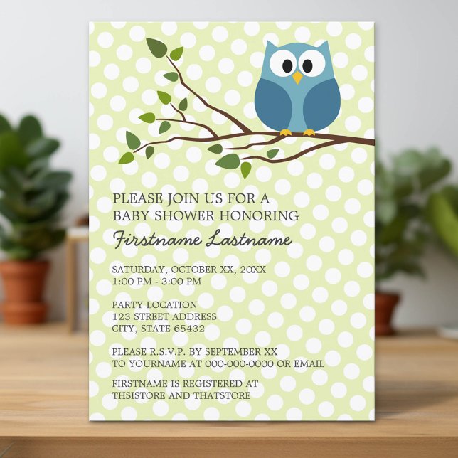 Niedliches Owl auf dem Zweig mit Polka dots Babydu Einladung (Custom Invitation with Download Option)