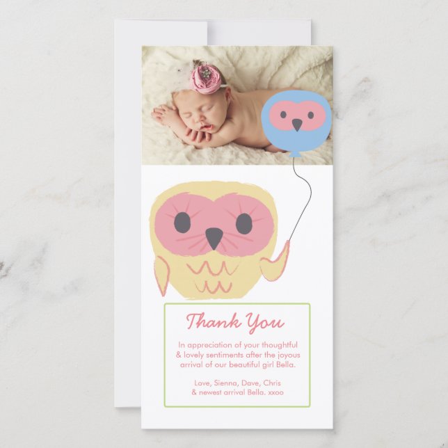 Niedliches Owl Baby Girl Danke Fotovorlage (Vorderseite)