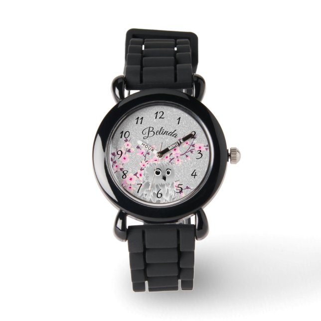 Niedliches Owl Cherry Blossom Silver Glitzer Monog Armbanduhr (Vorderseite)