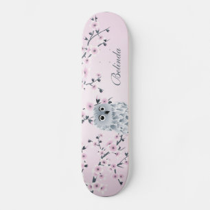 Niedliches Owl Cherry Pink Blossom Monogram Girl Skateboard