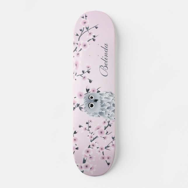 Niedliches Owl Cherry Pink Blossom Monogram Girl Skateboard (Vorderseite)