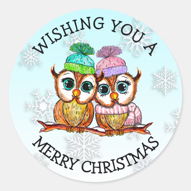 Niedliches Owl Couple Frohe Weihnachten Runder Aufkleber (Vorderseite)