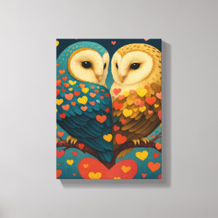 Niedliches Owl Couple mit Herz Romantische Illustr Leinwanddruck