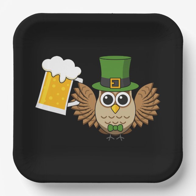 Niedliches Owl Drinking Beer Funny St Patrick's Da Pappteller (Vorderseite)