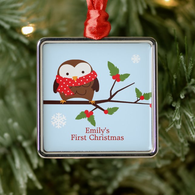 Niedliches Owl Erste Weihnachtsfeier Silbernes Ornament (Baum)