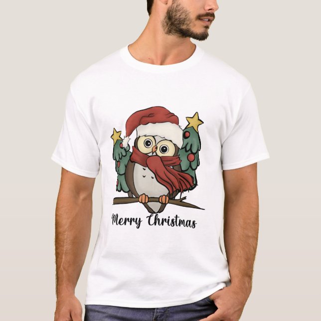 Niedliches Owl Frohe Weihnachten T-Shirt (Vorderseite)
