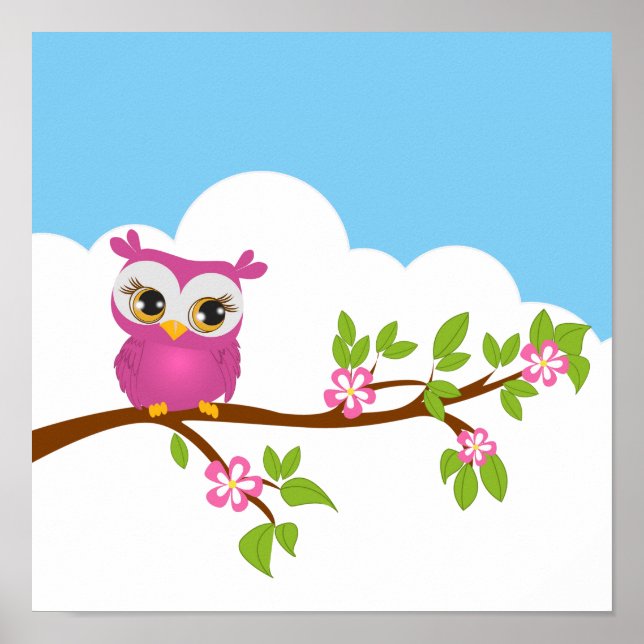 Niedliches Owl Girl auf einem Zweigplakat Poster (Vorne)