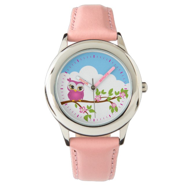 Niedliches Owl Girl auf einer Branchenzeitschrift Armbanduhr (Vorderseite)
