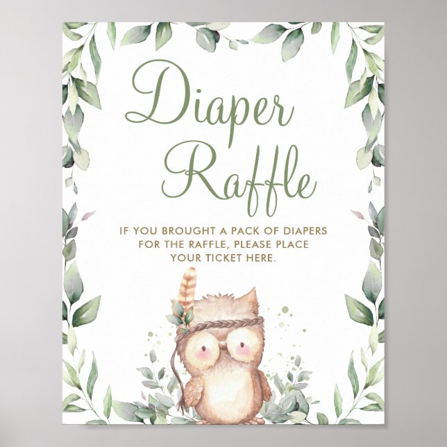 Niedliches Owl Greenery Baby Dusche Windeln Raffel Poster (Vorne)