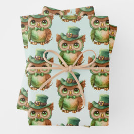 Niedliches Owl in einem Green Top Hat-Muster Geschenkpapier Set