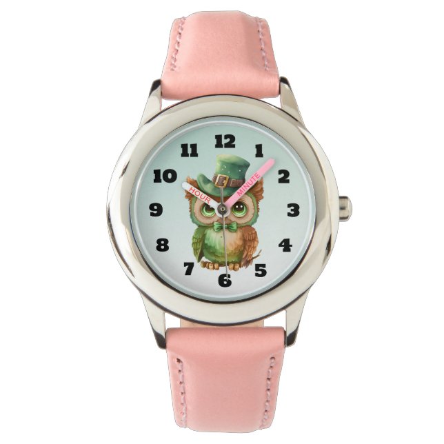 Niedliches Owl in einem grünen Top Hat Armbanduhr (Vorderseite)