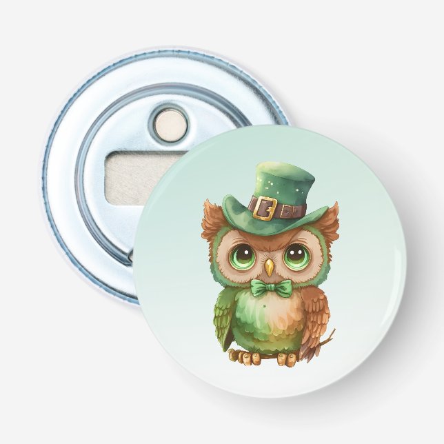 Niedliches Owl in einem grünen Top Hat Flaschenöffner (Vorderseite)