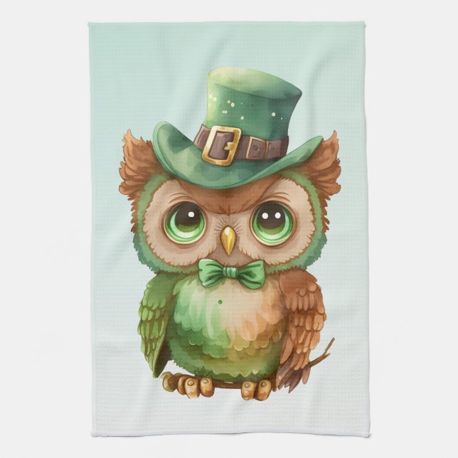 Niedliches Owl in einem grünen Top Hat Geschirrtuch (Vertikal)
