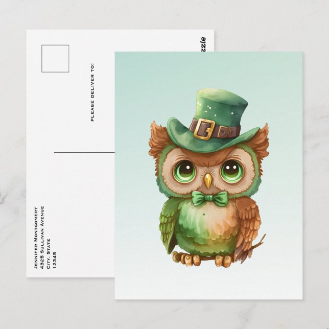 Niedliches Owl in einem grünen Top Hat Postkarte (Vorne/Hinten)