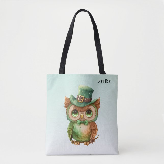 Niedliches Owl in einem grünen Top Hat Tasche (Vorderseite)