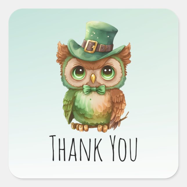 Niedliches Owl in einem grünen Top-Hut Danke Quadratischer Aufkleber (Vorderseite)