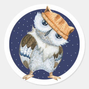 Niedliches Owl in Hut Runder Aufkleber