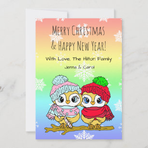 Niedliches Owl LGBT Couple auf dem Zweig Bäume Wei Feiertagskarte