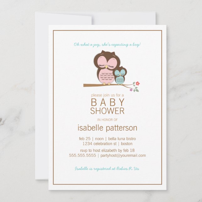 Niedliches Owl & Mama Es ist eine Boy Baby Dusche  Einladung (Vorderseite)