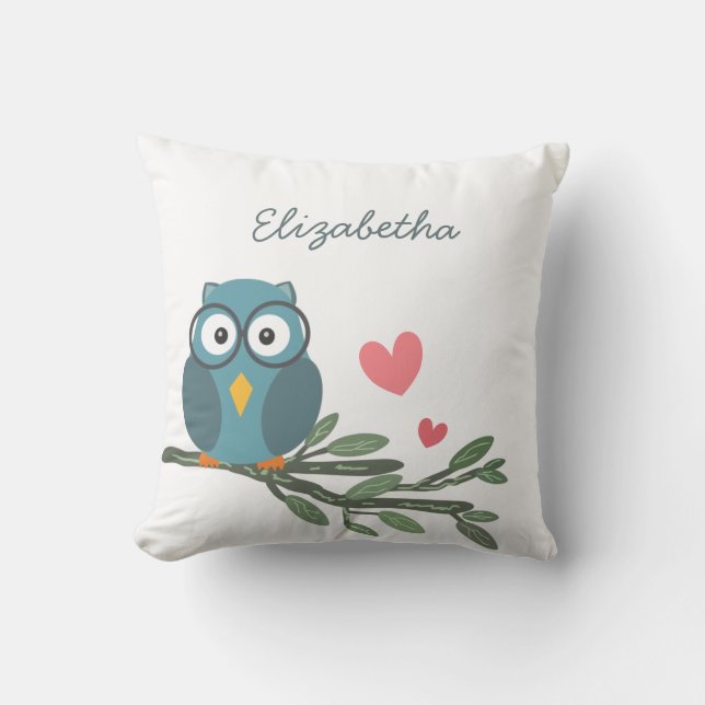 Niedliches Owl mit Brille auf einem Zweig-individu Kissen (Vorderseite)