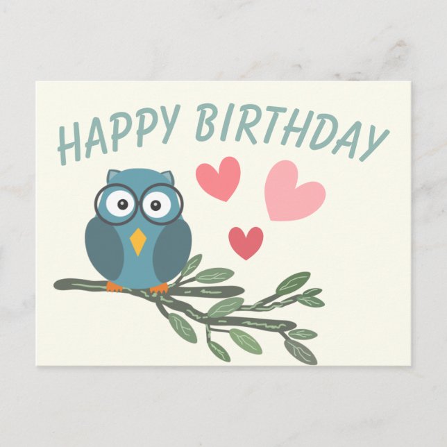 Niedliches Owl mit Brille auf Zweig glücklich Gebu Postkarte (Vorderseite)