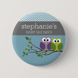 Niedliches Owl on Branch - Blue Baby Boy Dusche Button