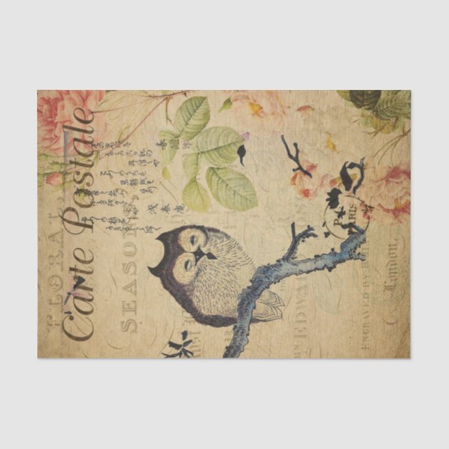 Niedliches Owl Pink Roses Französisch Ephemera Dec Seidenpapier (Vorderseite)
