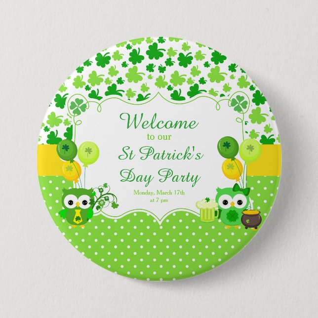 Niedliches Owls St Patrick's Day Party Button (Vorderseite)