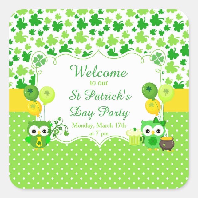 Niedliches Owls St Patrick's Day Party Quadratischer Aufkleber (Vorderseite)