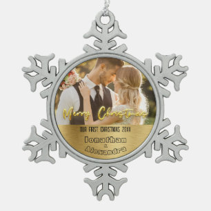 Niedliches Paar Foto First Christmas Luxus golden Schneeflocken Zinn-Ornament