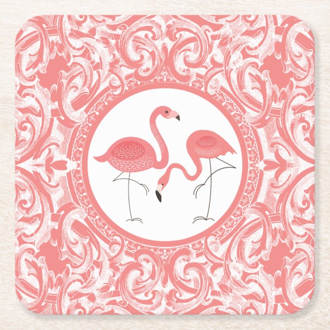 Niedliches Paar rosa Flamingos mit Wirbel Rechteckiger Pappuntersetzer (Vorderseite)