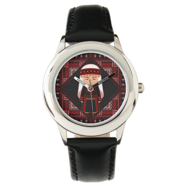 niedliches palästinensisches Mädchen Embroidere ro Armbanduhr (Vorderseite)