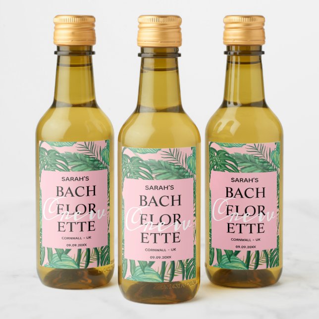 Niedliches Palm Tropical Pink Bachelorette Crew Pa Weinetikett (Flaschen)