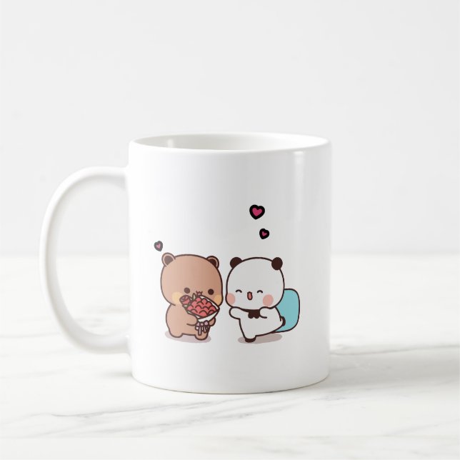 Niedliches Panda-Bärenpaar-Umarmung, Blase und Ges Kaffeetasse (Links)