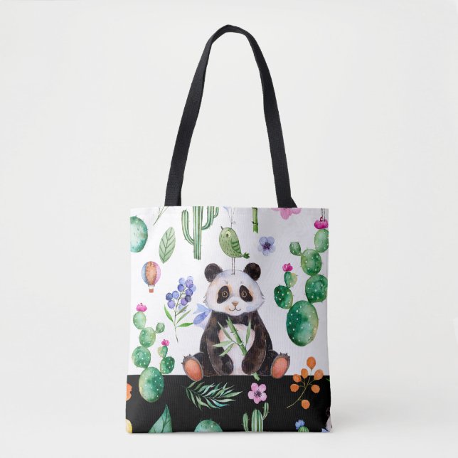 Niedliches Panda mit grünem Bird & Cactus Muster Tasche (Vorderseite)