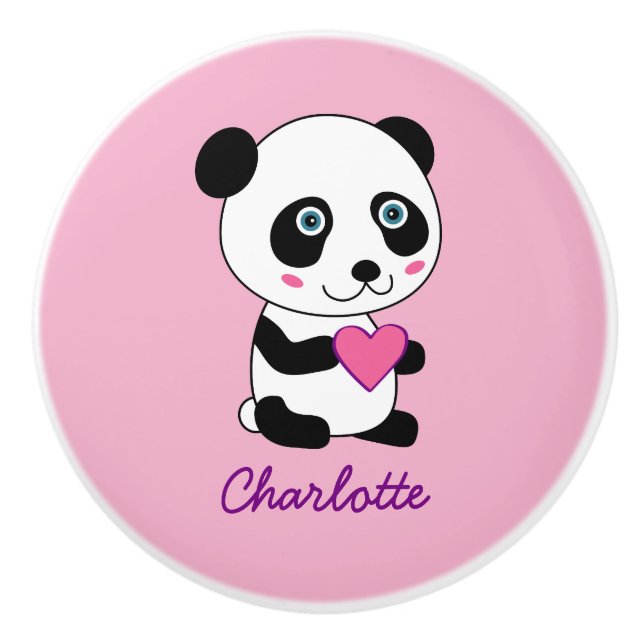 Niedliches Panda mit Personalisiertem rosa Herznam Keramikknauf (Vorderseite)