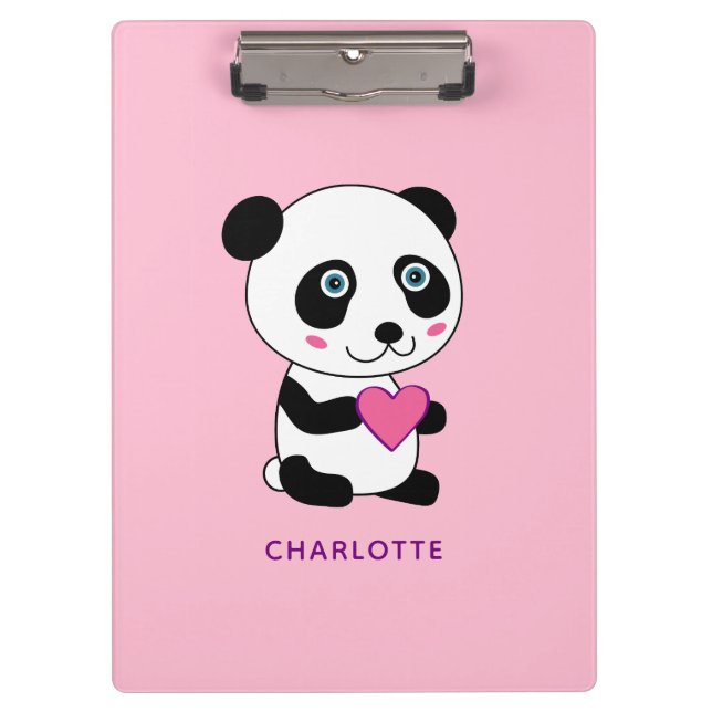 Niedliches Panda mit Personalisiertem rosa Herznam Klemmbrett (Vorderseite)