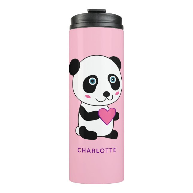 Niedliches Panda mit Personalisiertem rosa Herznam Thermosbecher (Vorderseite)