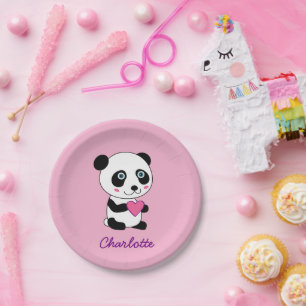 Niedliches Panda mit rosa Herz Personalisierter Na Pappteller