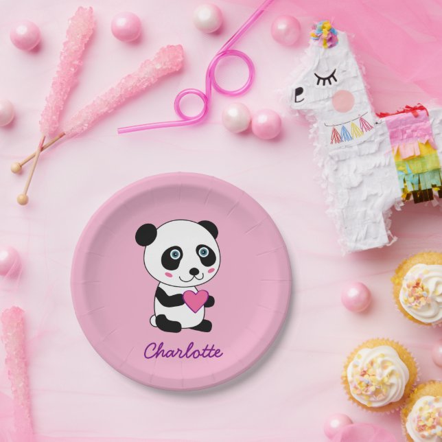 Niedliches Panda mit rosa Herz Personalisierter Na Pappteller (Party)