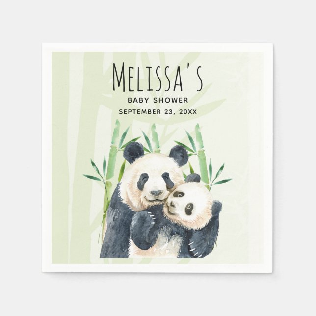 Niedliches Panda Pair & Bamboo Wasserfarben Babydu Serviette (Vorderseite)