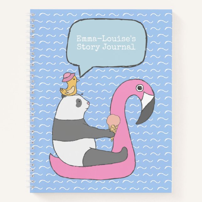 Niedliches Panda Riding a Flamingo Float Story Jou Notizbuch (Vorderseite)